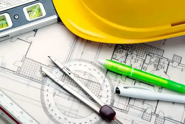 Architectural blueprints and a hard hat on a table, representing planning and construction.